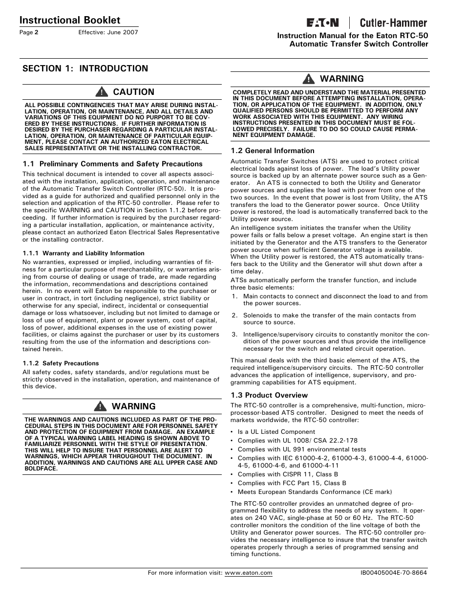 Section 1: introduction, Instructional booklet, Caution | Warning | Eaton Electrical RTC-50 User Manual | Page 2 / 36