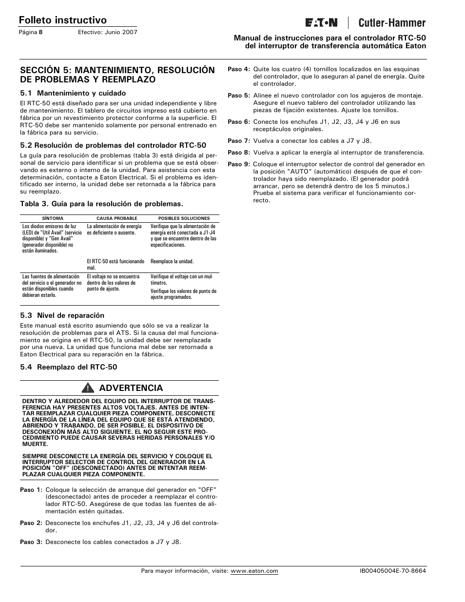 Folleto instructivo, Advertencia | Eaton Electrical RTC-50 User Manual | Page 20 / 36