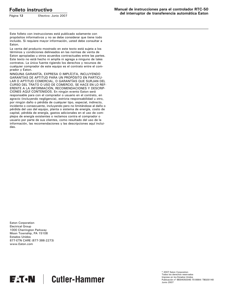 Folleto instructivo | Eaton Electrical RTC-50 User Manual | Page 24 / 36