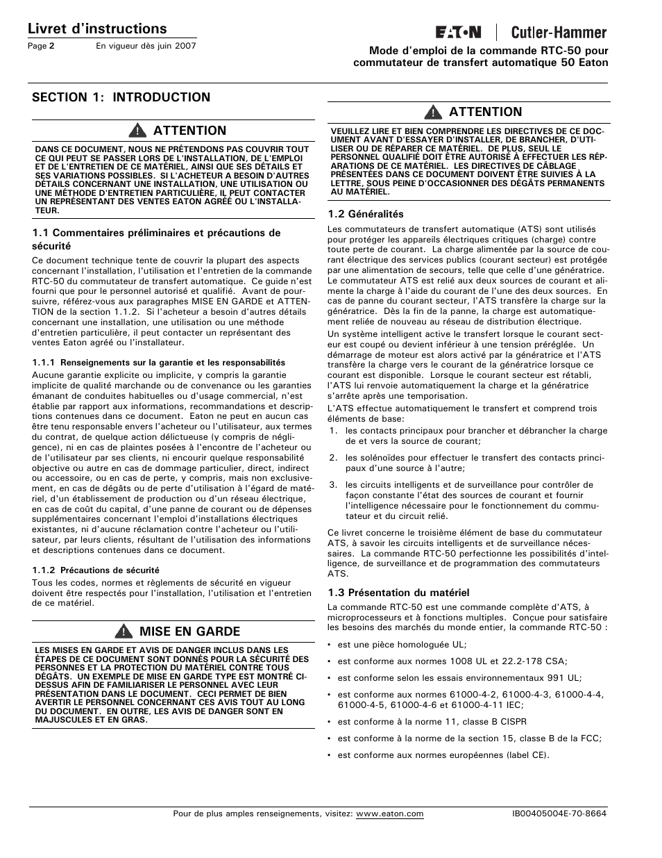 Section 1: introduction, Livret d'instructions, Attention | Mise en garde | Eaton Electrical RTC-50 User Manual | Page 26 / 36