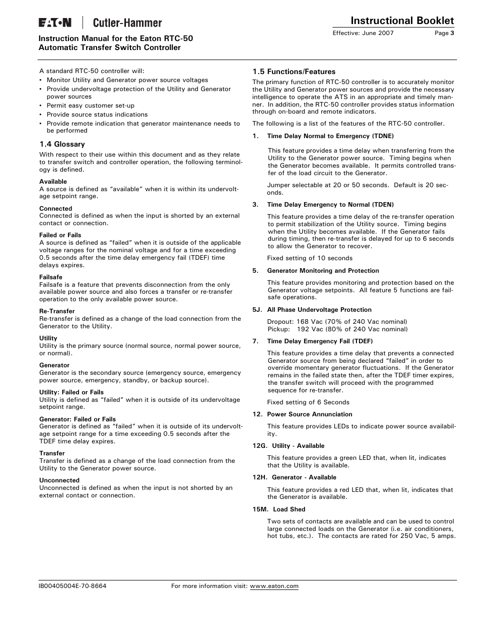 Instructional booklet | Eaton Electrical RTC-50 User Manual | Page 3 / 36