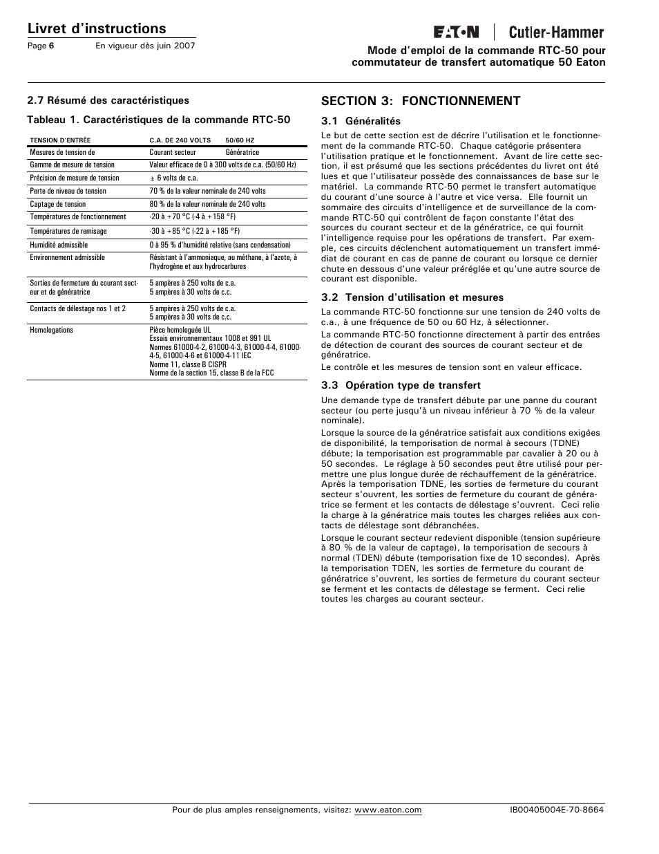 Section 3: fonctionnement, Livret d'instructions | Eaton Electrical RTC-50 User Manual | Page 30 / 36