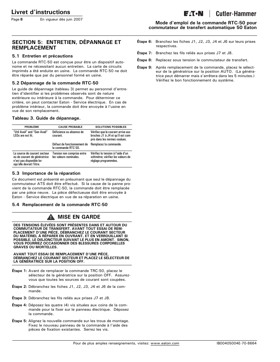 Section 5: entretien, dépannage et remplacement, Livret d'instructions, Mise en garde | Eaton Electrical RTC-50 User Manual | Page 32 / 36