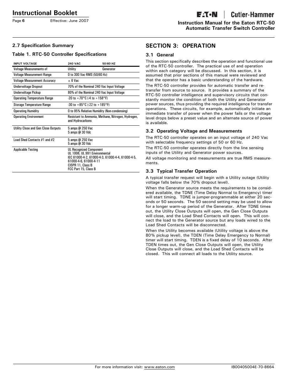 Section 3: operation, Instructional booklet | Eaton Electrical RTC-50 User Manual | Page 6 / 36