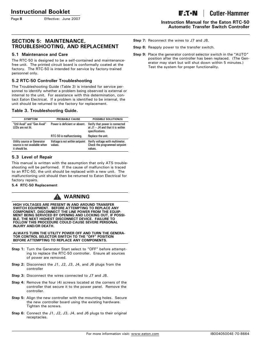 Instructional booklet, Warning | Eaton Electrical RTC-50 User Manual | Page 8 / 36