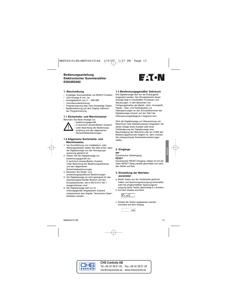 Chs controls ab | Eaton Electrical MN05401014E User Manual | Page 13 / 20