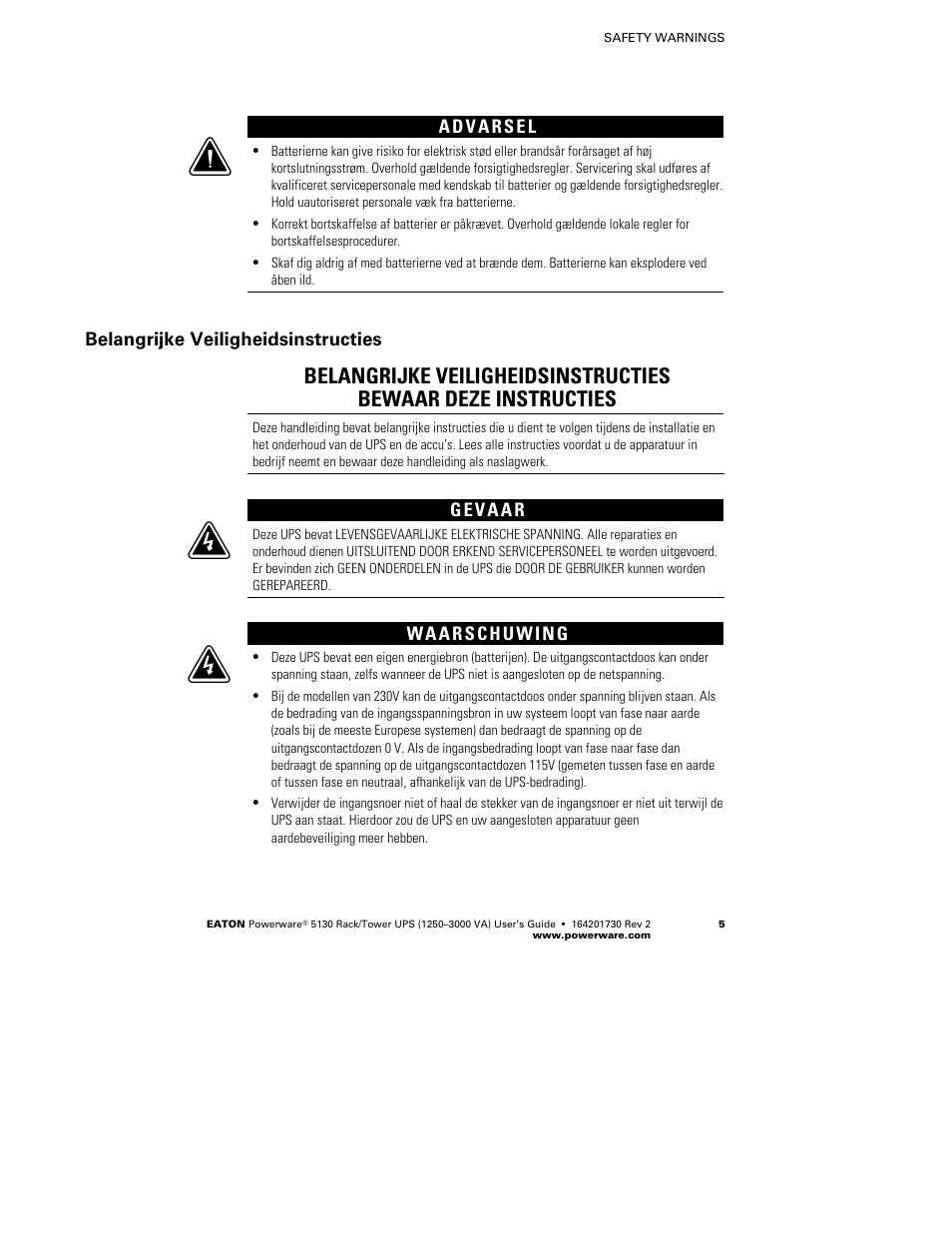 Belangrijke veiligheidsinstructies | Eaton Electrical Powerware 5130 Rack/Tower UPS 1250-3000 VA User Manual | Page 11 / 74