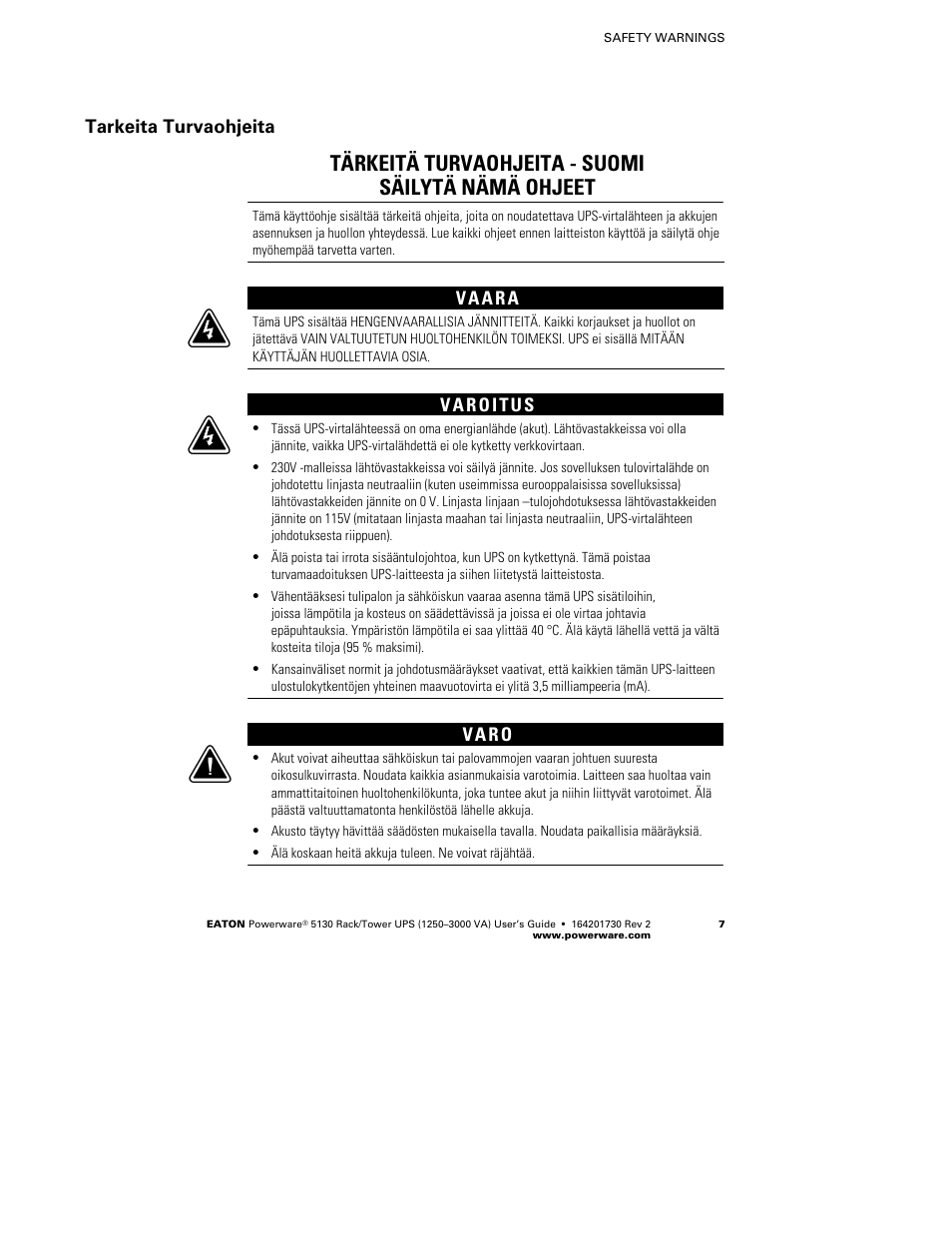 Tärkeitä turvaohjeita - suomi säilytä nämä ohjeet, Tarkeita turvaohjeita, V a r o | Eaton Electrical Powerware 5130 Rack/Tower UPS 1250-3000 VA User Manual | Page 13 / 74