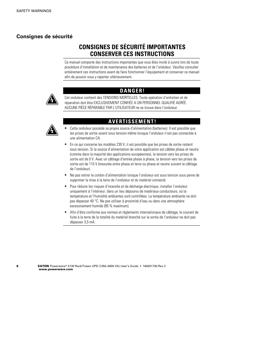 Consignes de sécurité | Eaton Electrical Powerware 5130 Rack/Tower UPS 1250-3000 VA User Manual | Page 14 / 74