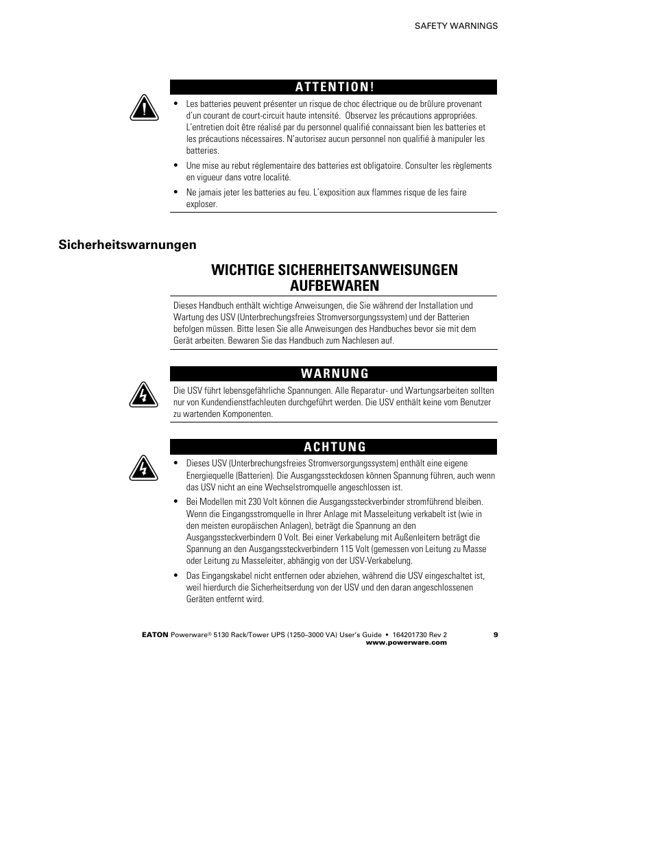 Wichtige sicherheitsanweisungen aufbewaren, Sicherheitswarnungen | Eaton Electrical Powerware 5130 Rack/Tower UPS 1250-3000 VA User Manual | Page 15 / 74