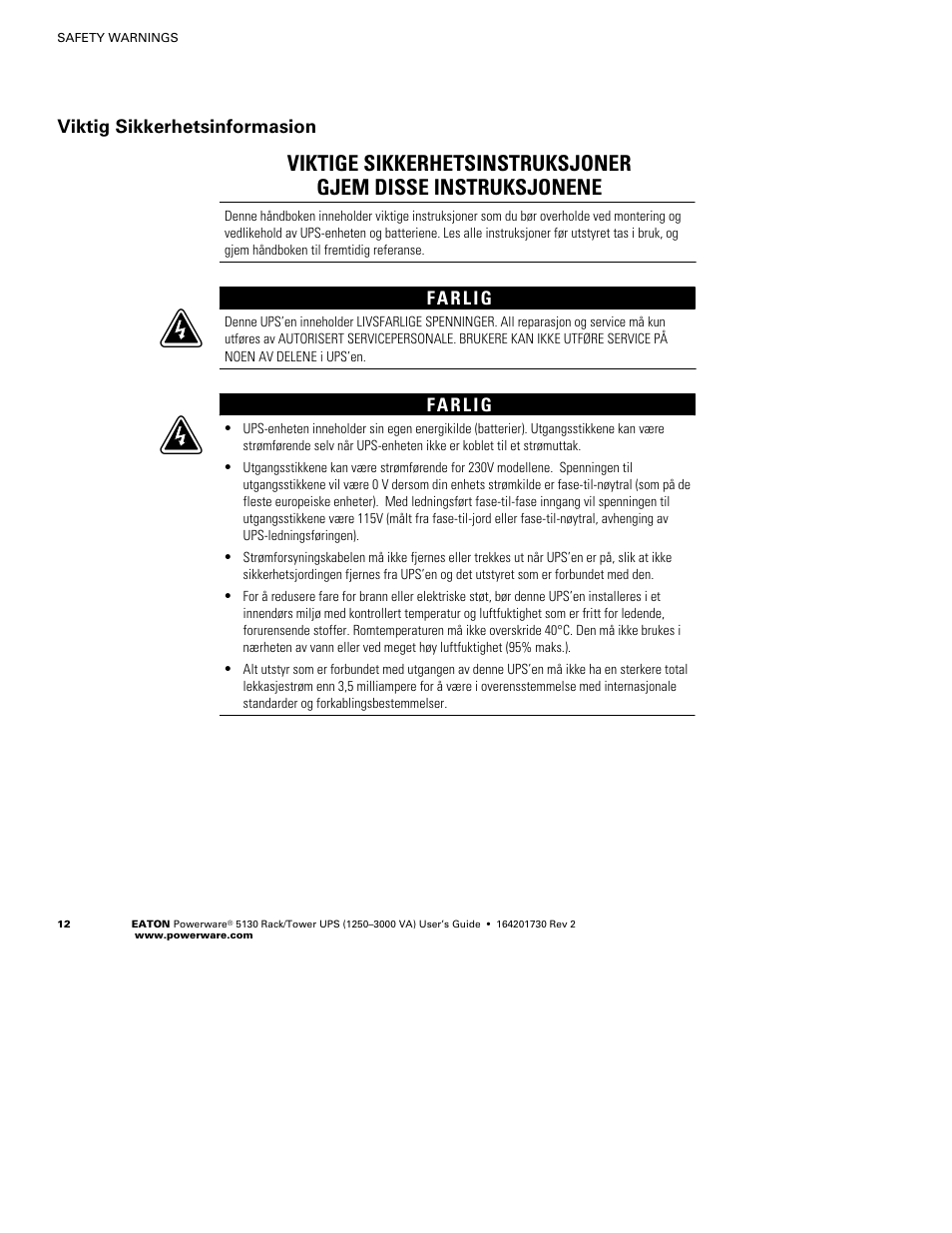 Viktig sikkerhetsinformasion | Eaton Electrical Powerware 5130 Rack/Tower UPS 1250-3000 VA User Manual | Page 18 / 74