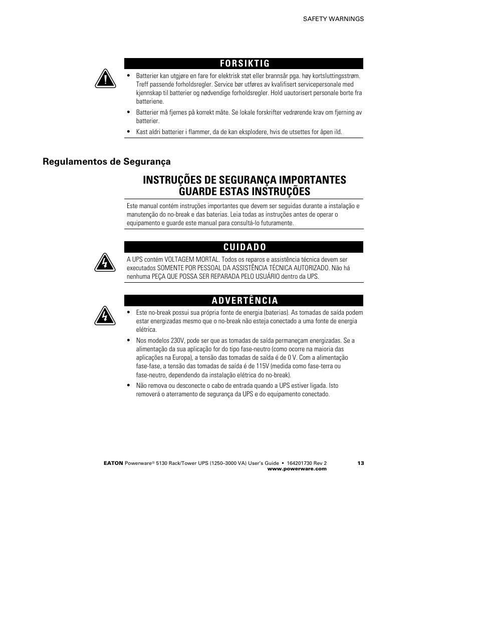Regulamentos de segurança | Eaton Electrical Powerware 5130 Rack/Tower UPS 1250-3000 VA User Manual | Page 19 / 74