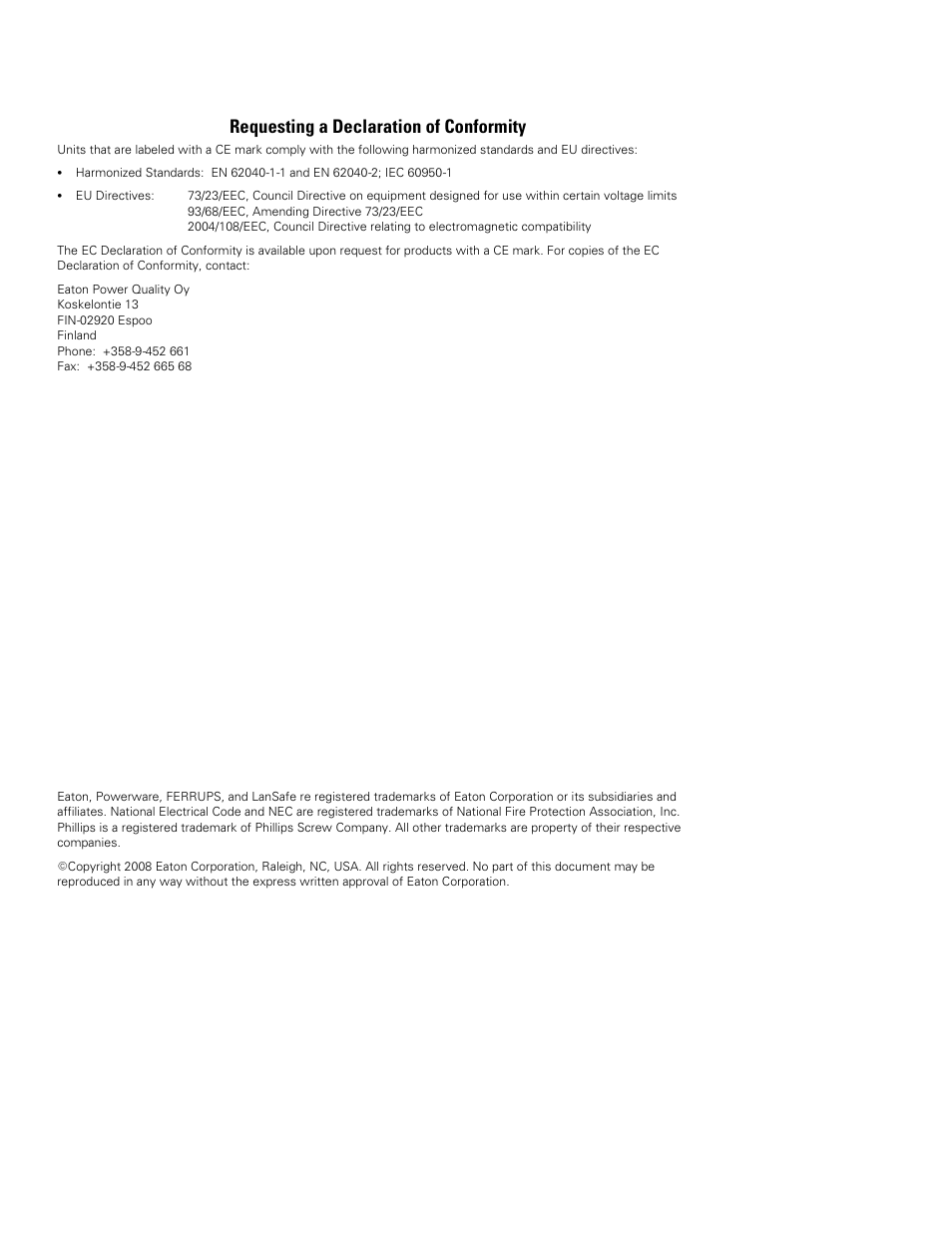 Requesting a declaration of conformity | Eaton Electrical Powerware 5130 Rack/Tower UPS 1250-3000 VA User Manual | Page 2 / 74