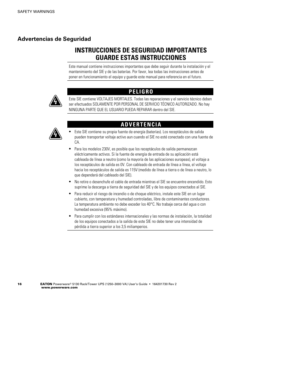 Advertencias de seguridad | Eaton Electrical Powerware 5130 Rack/Tower UPS 1250-3000 VA User Manual | Page 22 / 74