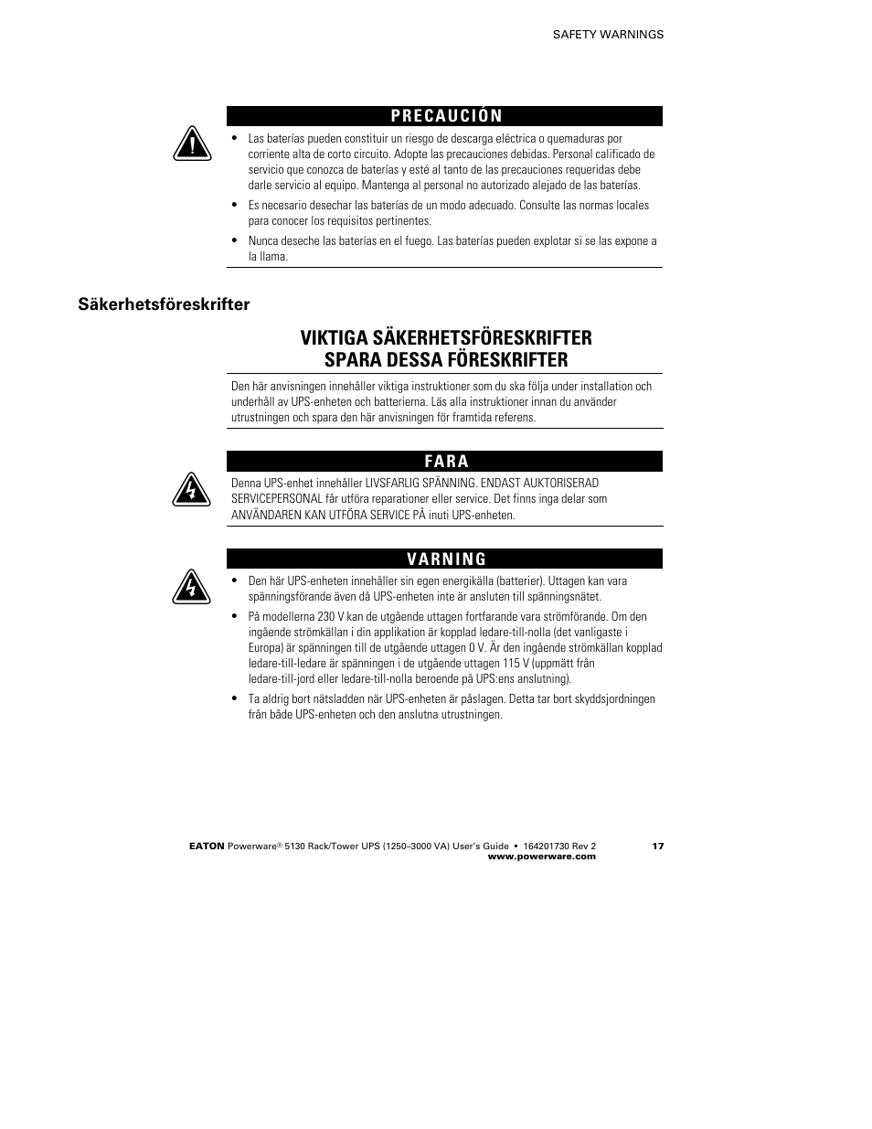 Säkerhetsföreskrifter, F a r a | Eaton Electrical Powerware 5130 Rack/Tower UPS 1250-3000 VA User Manual | Page 23 / 74
