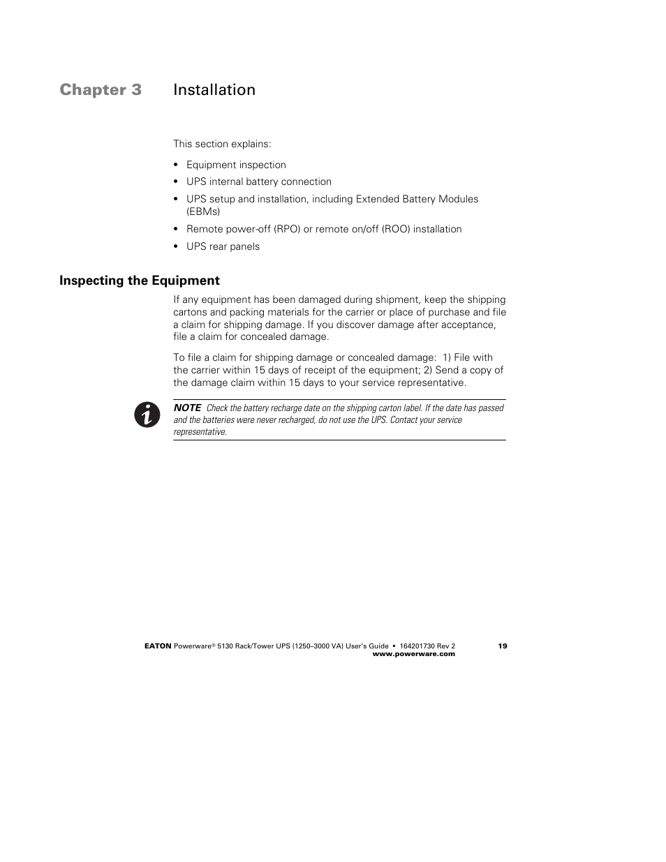 Chapter 3 installation, Inspecting the equipment | Eaton Electrical Powerware 5130 Rack/Tower UPS 1250-3000 VA User Manual | Page 25 / 74