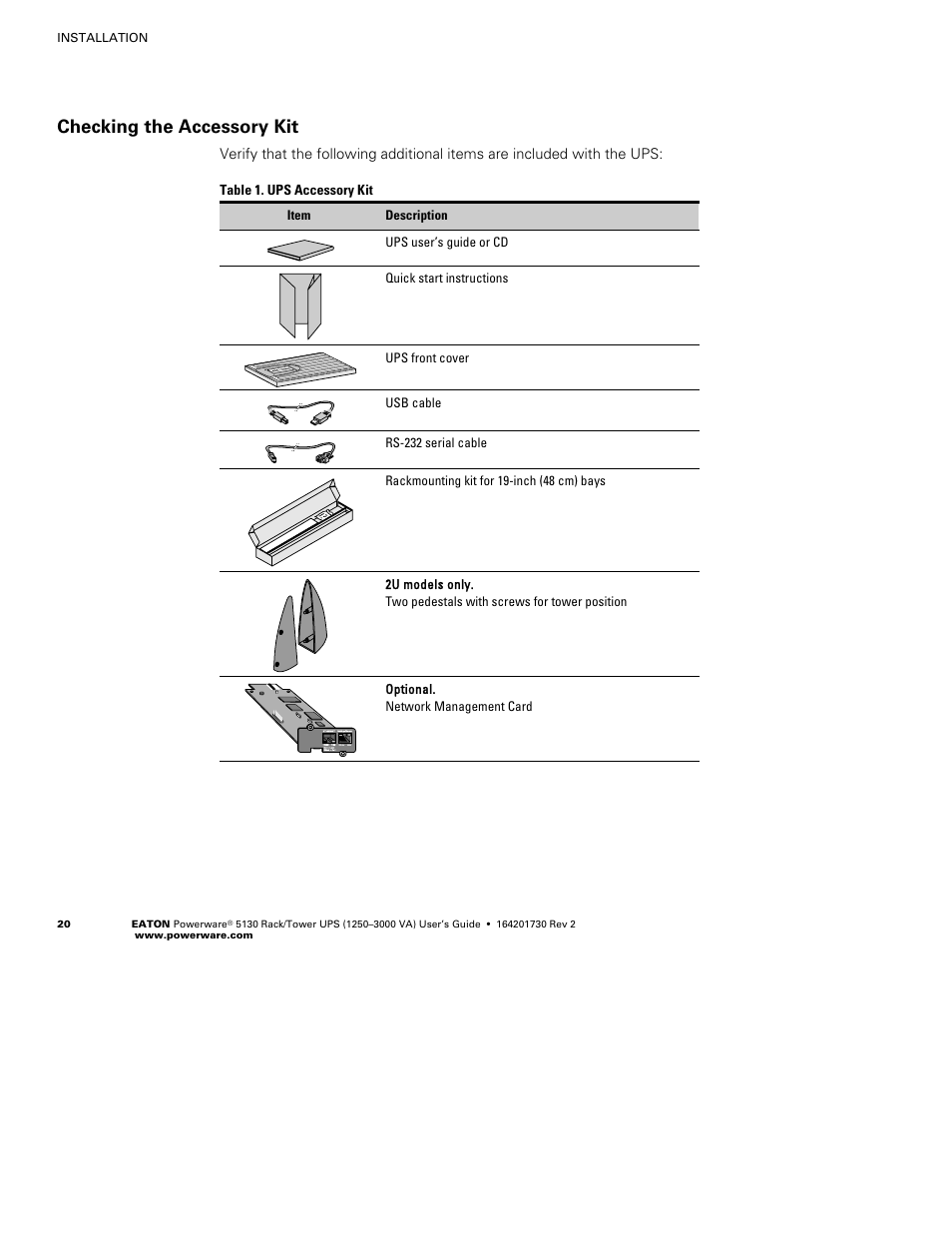 Checking the accessory kit | Eaton Electrical Powerware 5130 Rack/Tower UPS 1250-3000 VA User Manual | Page 26 / 74