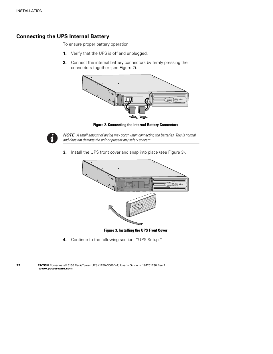 Connecting the ups internal battery | Eaton Electrical Powerware 5130 Rack/Tower UPS 1250-3000 VA User Manual | Page 28 / 74