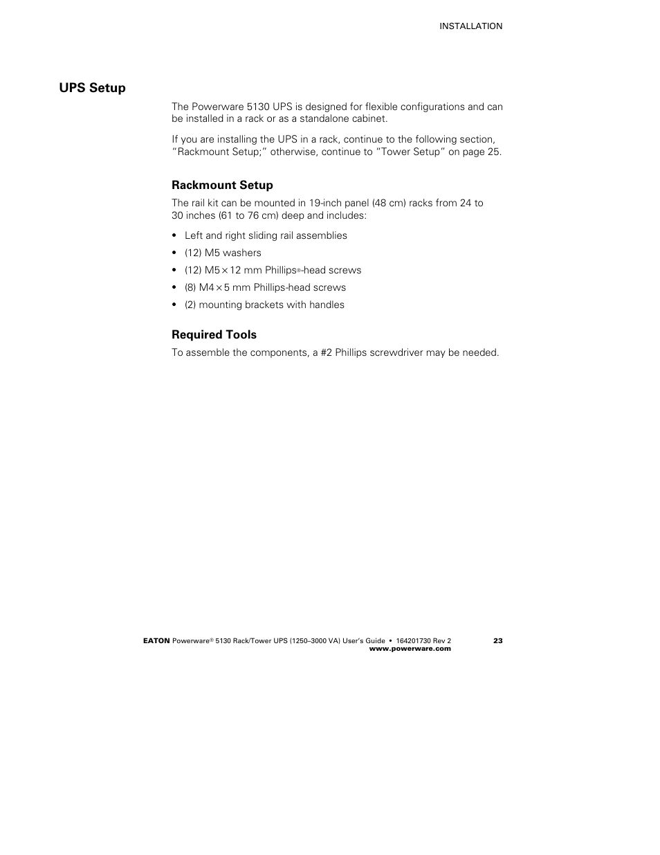 Ups setup, Rackmount setup, Required tools | Eaton Electrical Powerware 5130 Rack/Tower UPS 1250-3000 VA User Manual | Page 29 / 74