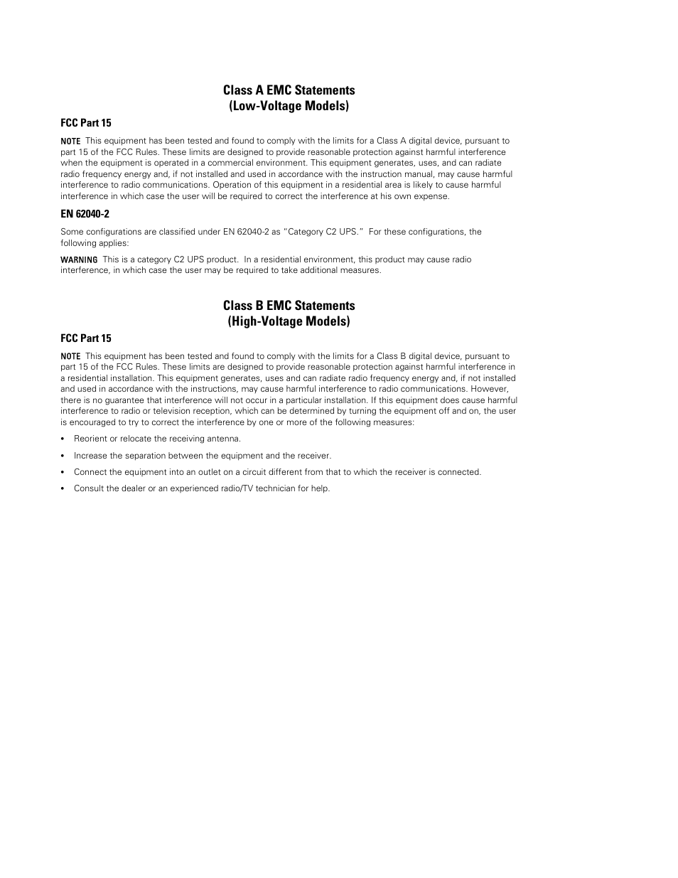 Class a emc statements (low-voltage models), Class b emc statements (high-voltage models) | Eaton Electrical Powerware 5130 Rack/Tower UPS 1250-3000 VA User Manual | Page 3 / 74