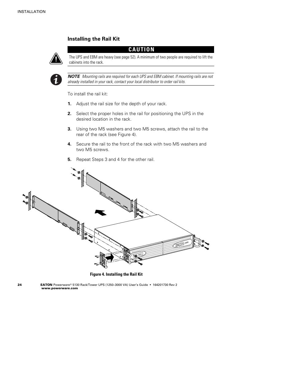 Installing the rail kit | Eaton Electrical Powerware 5130 Rack/Tower UPS 1250-3000 VA User Manual | Page 30 / 74