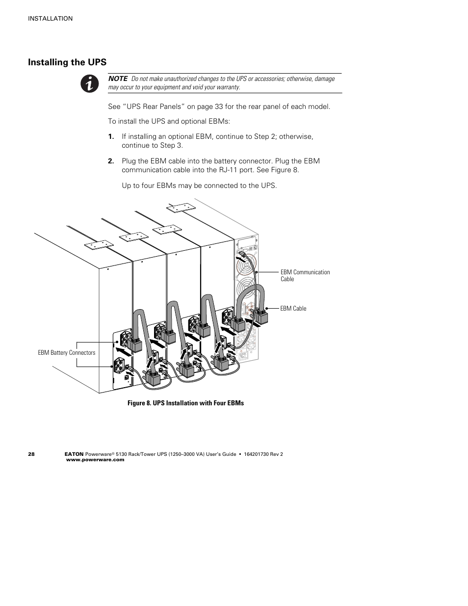 Installing the ups | Eaton Electrical Powerware 5130 Rack/Tower UPS 1250-3000 VA User Manual | Page 34 / 74