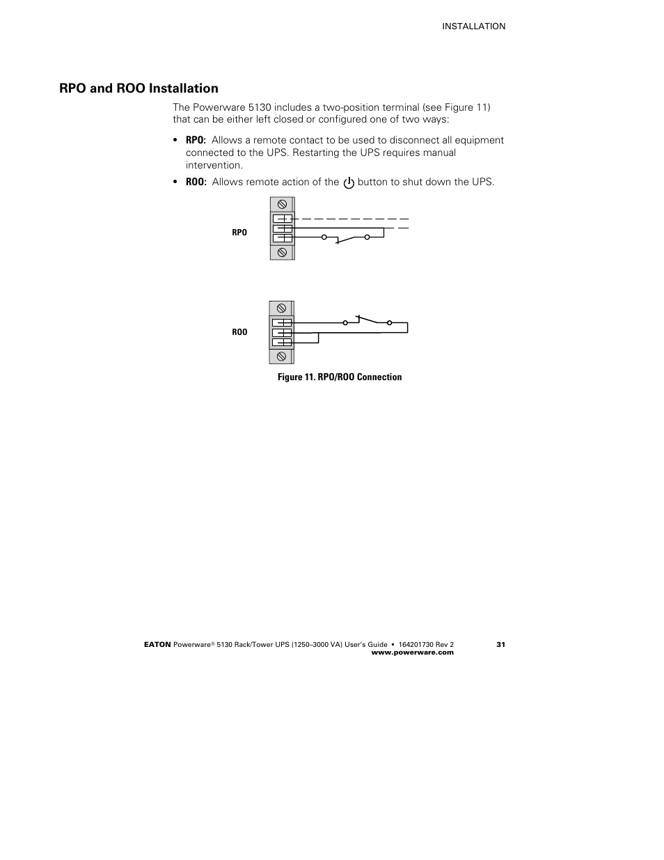 Rpo and roo installation | Eaton Electrical Powerware 5130 Rack/Tower UPS 1250-3000 VA User Manual | Page 37 / 74