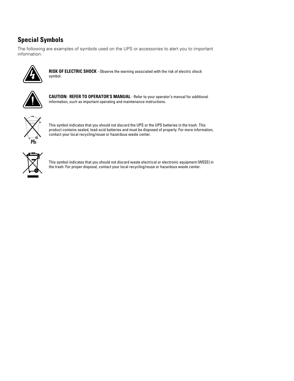 Special symbols | Eaton Electrical Powerware 5130 Rack/Tower UPS 1250-3000 VA User Manual | Page 4 / 74