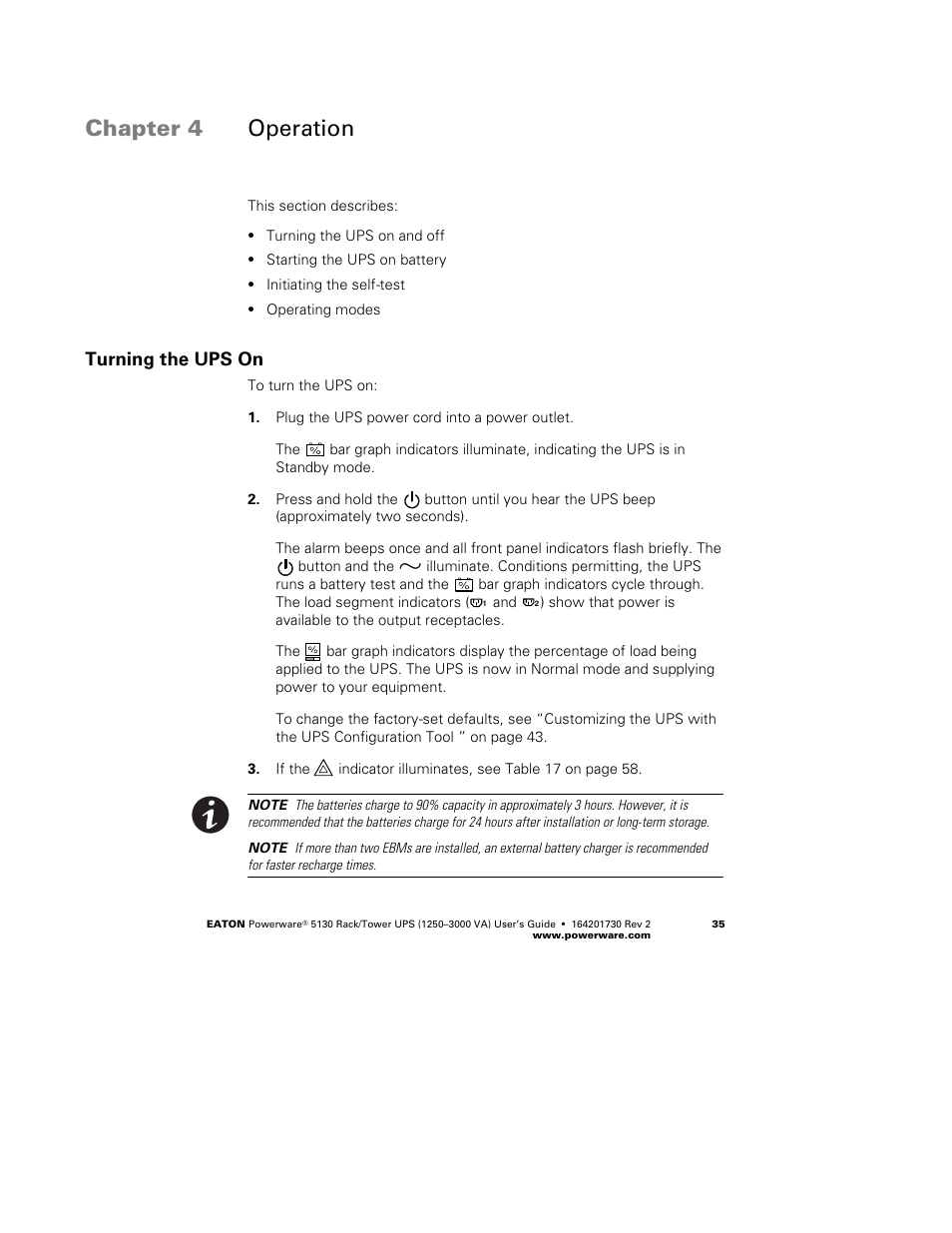 Chapter 4 operation, Turning the ups on | Eaton Electrical Powerware 5130 Rack/Tower UPS 1250-3000 VA User Manual | Page 41 / 74