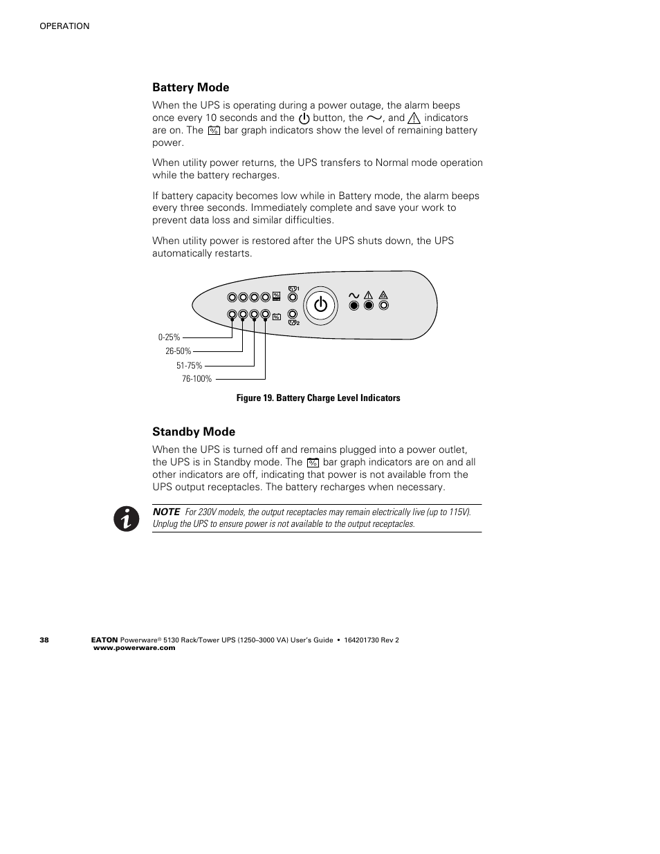 Battery mode, Standby mode | Eaton Electrical Powerware 5130 Rack/Tower UPS 1250-3000 VA User Manual | Page 44 / 74