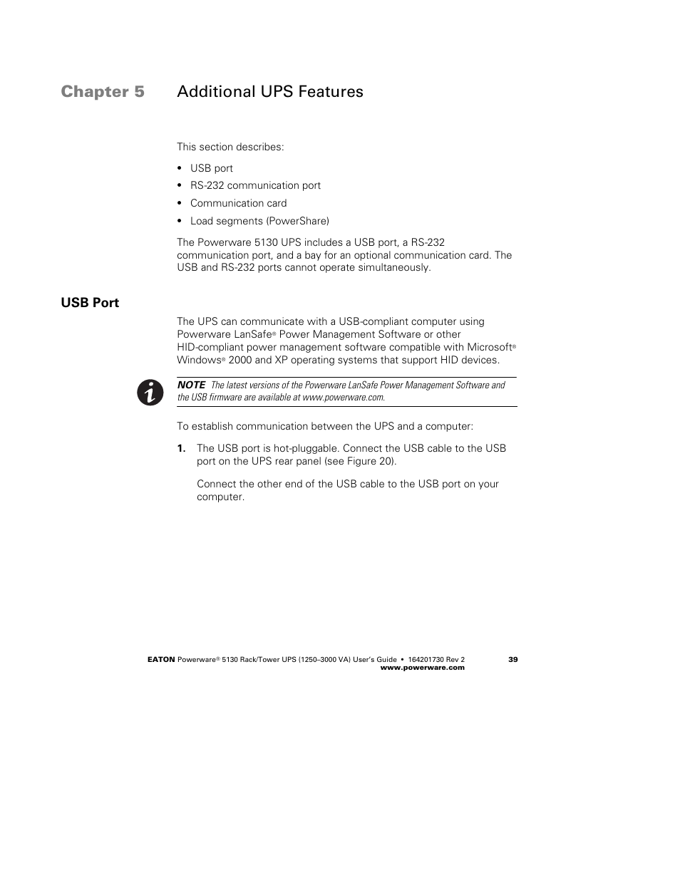 Chapter 5 additional ups features, Usb port | Eaton Electrical Powerware 5130 Rack/Tower UPS 1250-3000 VA User Manual | Page 45 / 74