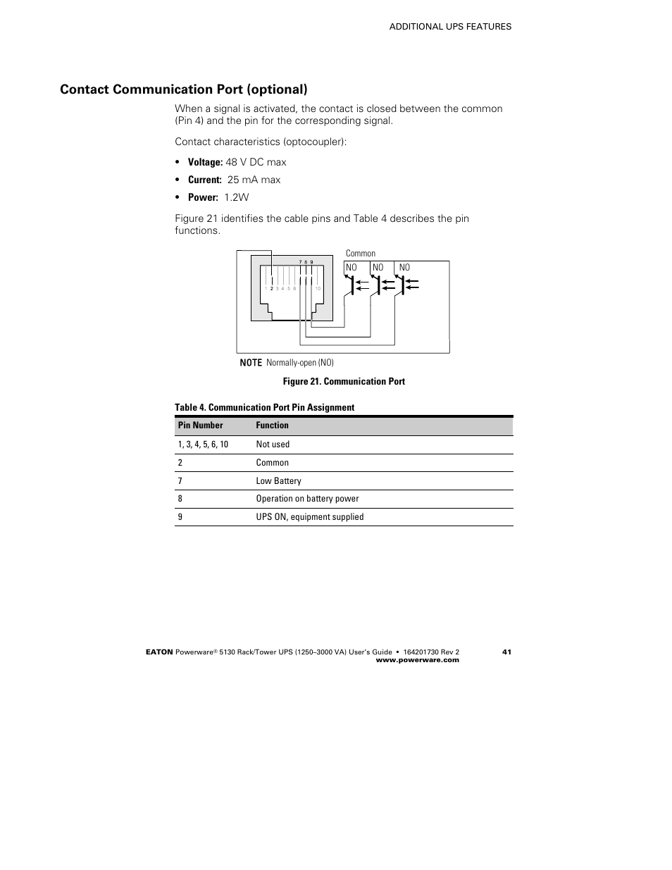 Contact communication port (optional) | Eaton Electrical Powerware 5130 Rack/Tower UPS 1250-3000 VA User Manual | Page 47 / 74