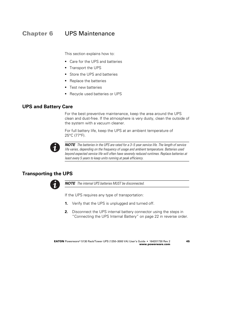 Chapter 6 ups maintenance, Ups and battery care, Transporting the ups | Eaton Electrical Powerware 5130 Rack/Tower UPS 1250-3000 VA User Manual | Page 51 / 74