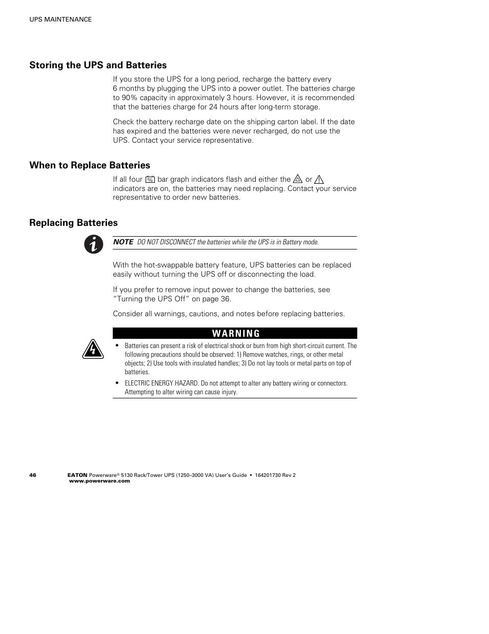 Storing the ups and batteries, When to replace batteries, Replacing batteries | Eaton Electrical Powerware 5130 Rack/Tower UPS 1250-3000 VA User Manual | Page 52 / 74