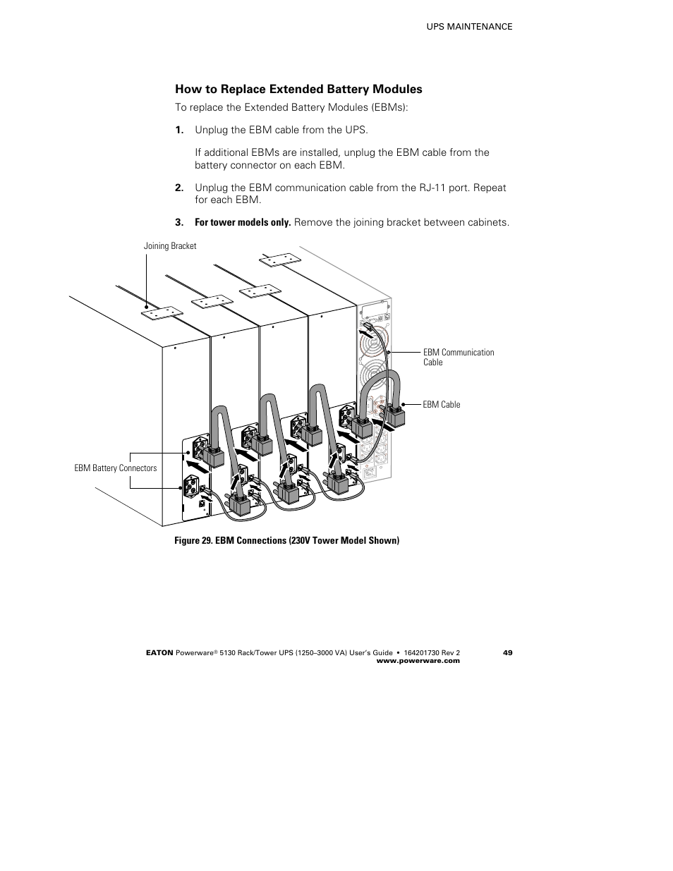 How to replace extended battery modules | Eaton Electrical Powerware 5130 Rack/Tower UPS 1250-3000 VA User Manual | Page 55 / 74