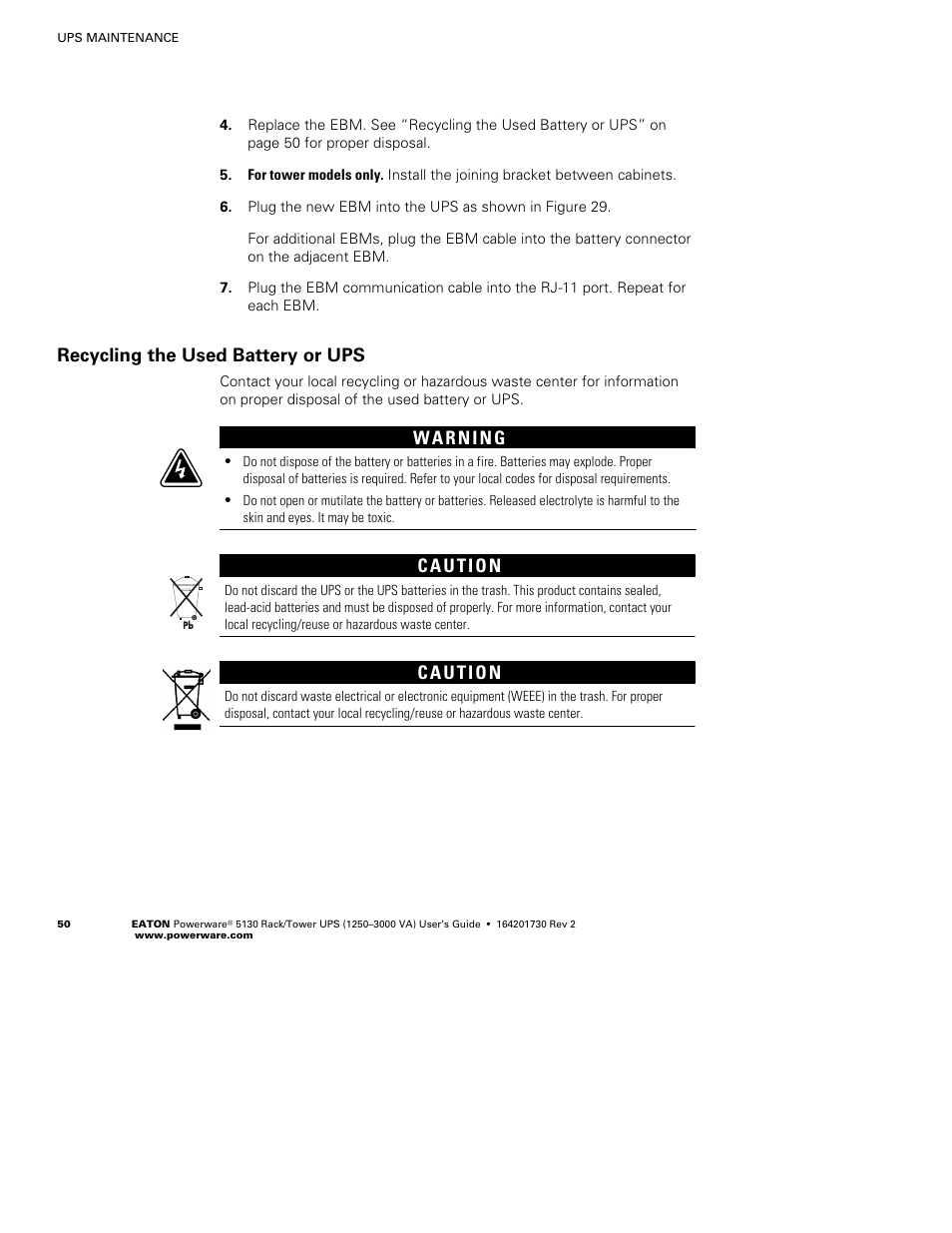Recycling the used battery or ups | Eaton Electrical Powerware 5130 Rack/Tower UPS 1250-3000 VA User Manual | Page 56 / 74