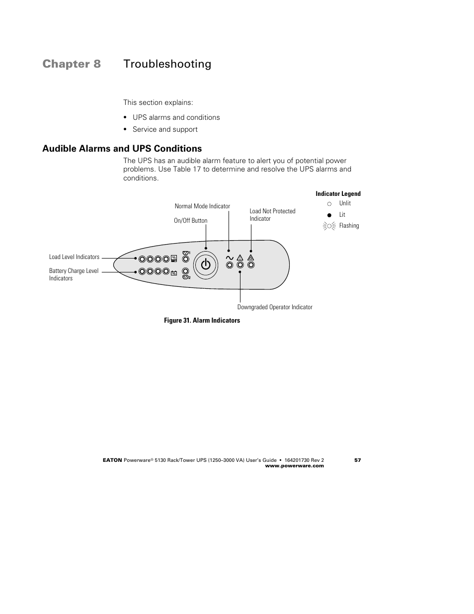 Chapter 8 troubleshooting, Audible alarms and ups conditions | Eaton Electrical Powerware 5130 Rack/Tower UPS 1250-3000 VA User Manual | Page 63 / 74