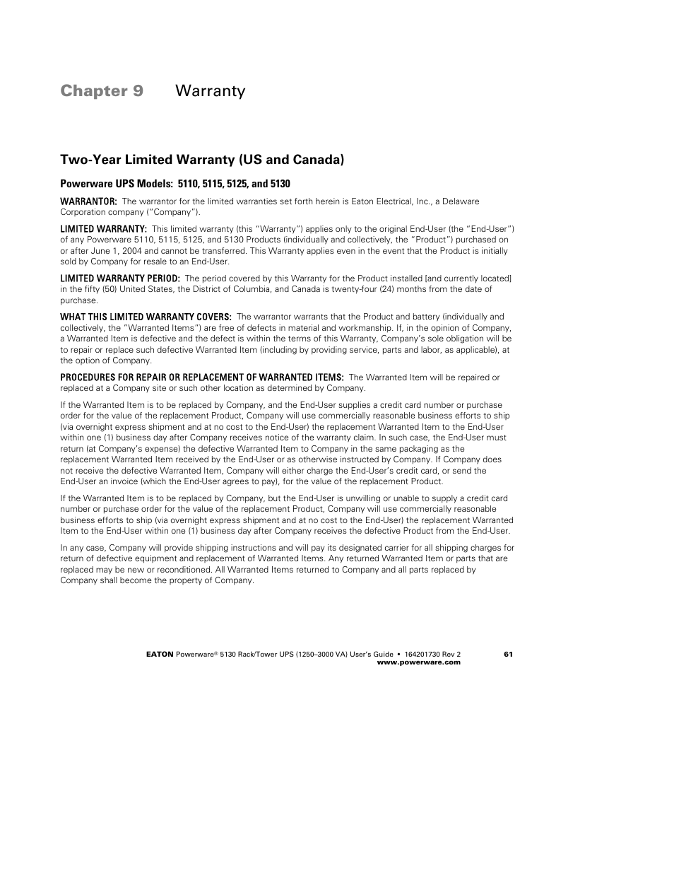 Chapter 9 warranty, Two-year limited warranty (us and canada) | Eaton Electrical Powerware 5130 Rack/Tower UPS 1250-3000 VA User Manual | Page 67 / 74