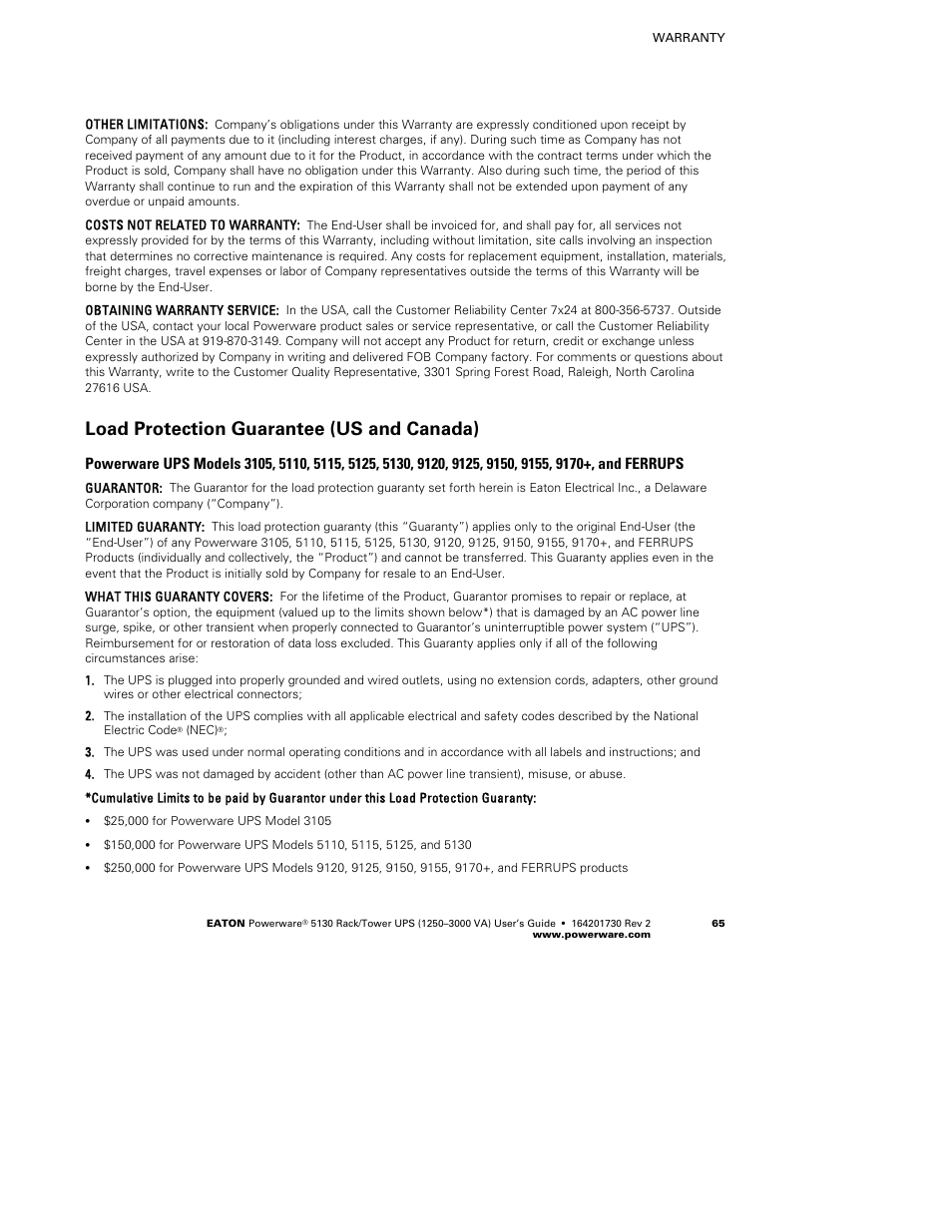 Load protection guarantee (us and canada) | Eaton Electrical Powerware 5130 Rack/Tower UPS 1250-3000 VA User Manual | Page 71 / 74
