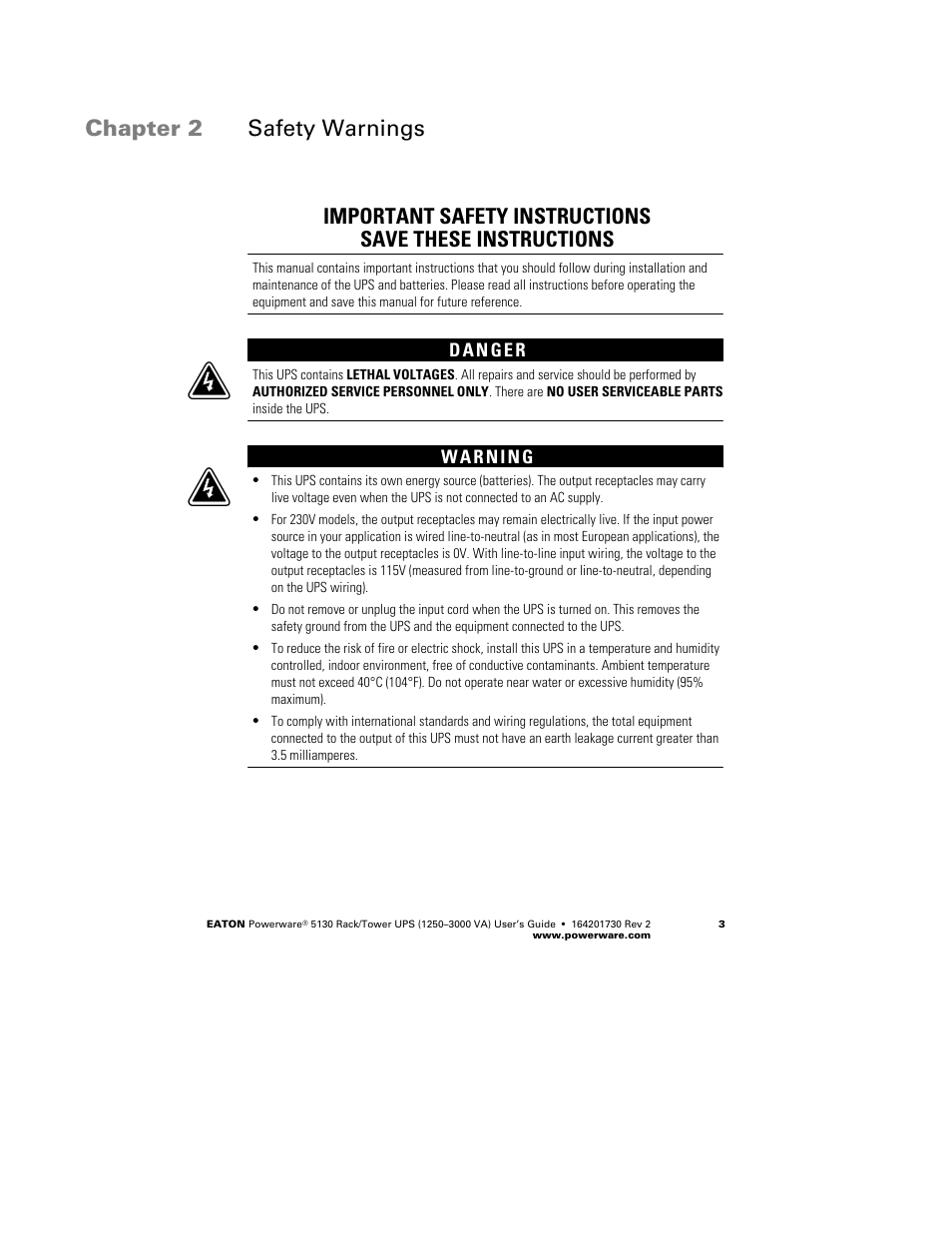 Chapter 2 safety warnings | Eaton Electrical Powerware 5130 Rack/Tower UPS 1250-3000 VA User Manual | Page 9 / 74