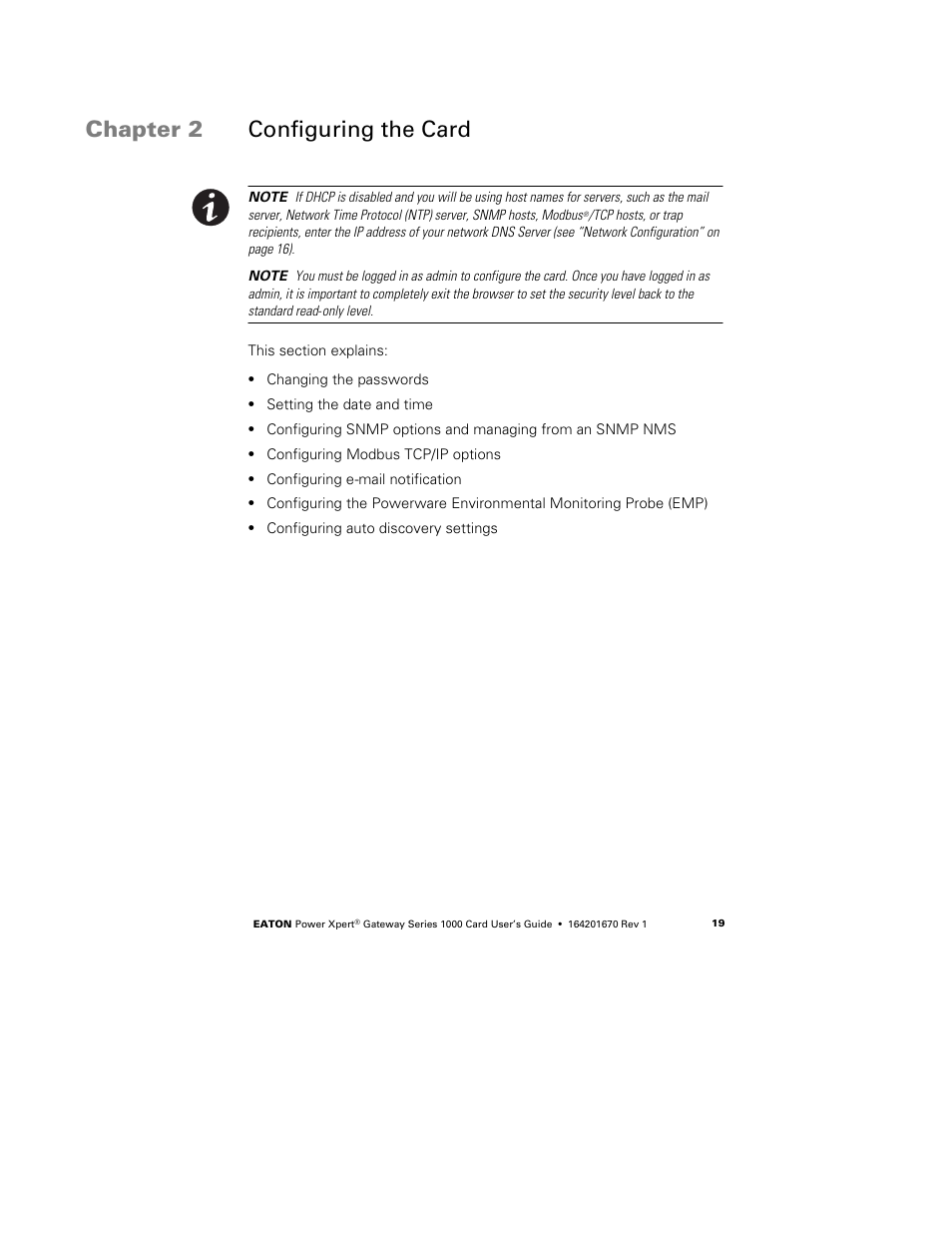 Chapter 2 configuring the card, Configuring the card | Eaton Electrical 1000 User Manual | Page 23 / 84