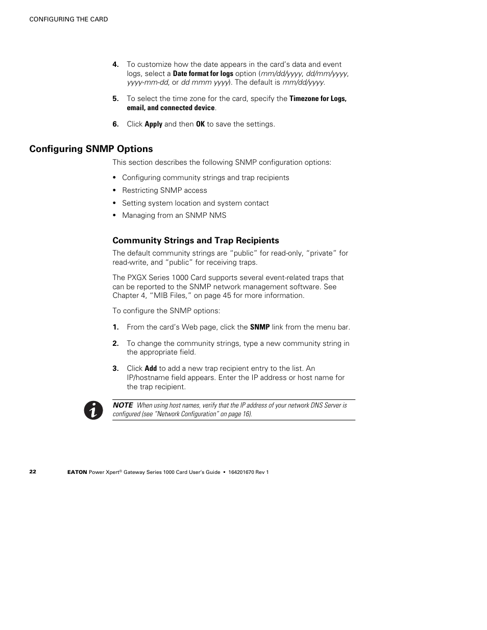 Configuring snmp options, Community strings and trap recipients | Eaton Electrical 1000 User Manual | Page 26 / 84