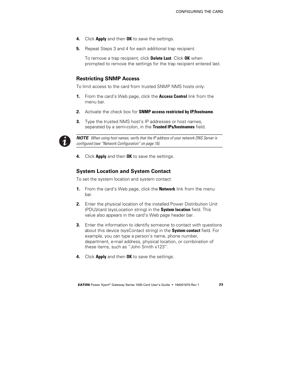 Restricting snmp access, System location and system contact | Eaton Electrical 1000 User Manual | Page 27 / 84