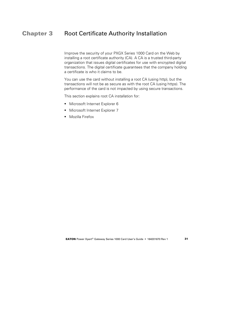 Chapter 3 root certificate authority installation, Root certificate authority installation | Eaton Electrical 1000 User Manual | Page 35 / 84