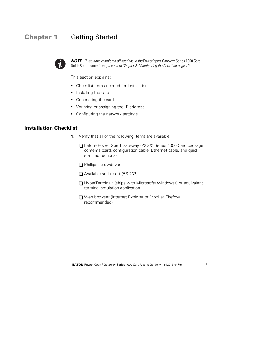 Chapter 1 getting started, Installation checklist, Getting started | Eaton Electrical 1000 User Manual | Page 5 / 84