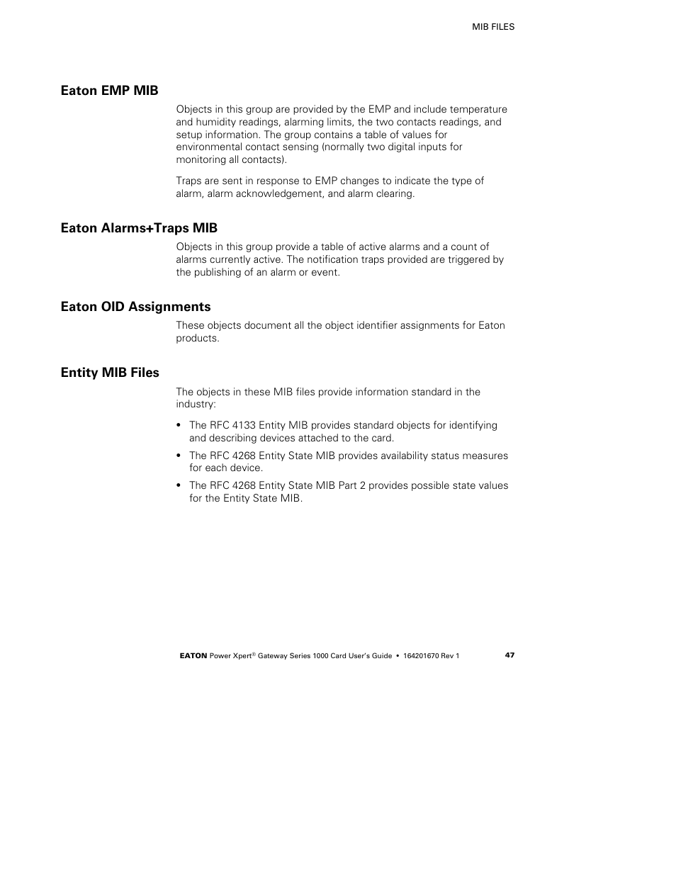 Eaton emp mib, Eaton alarms+traps mib, Eaton oid assignments | Entity mib files | Eaton Electrical 1000 User Manual | Page 51 / 84