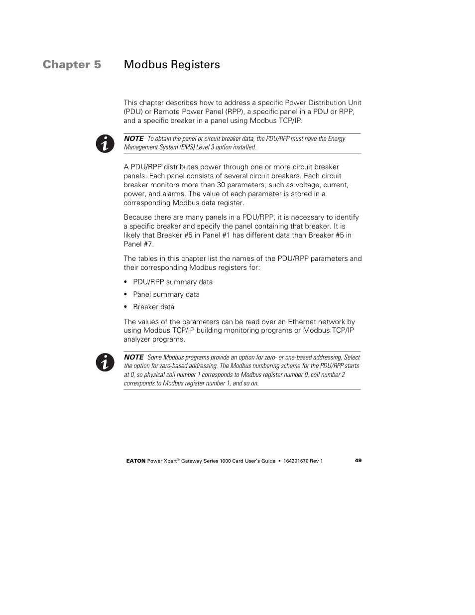 Chapter 5 modbus registers, Modbus registers | Eaton Electrical 1000 User Manual | Page 53 / 84