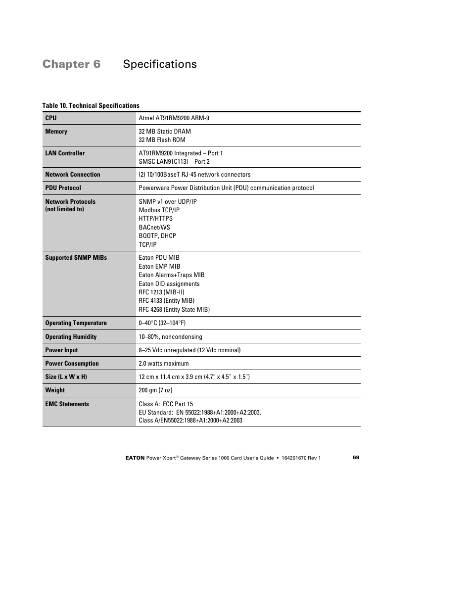 Chapter 6 specifications, Specifications | Eaton Electrical 1000 User Manual | Page 73 / 84