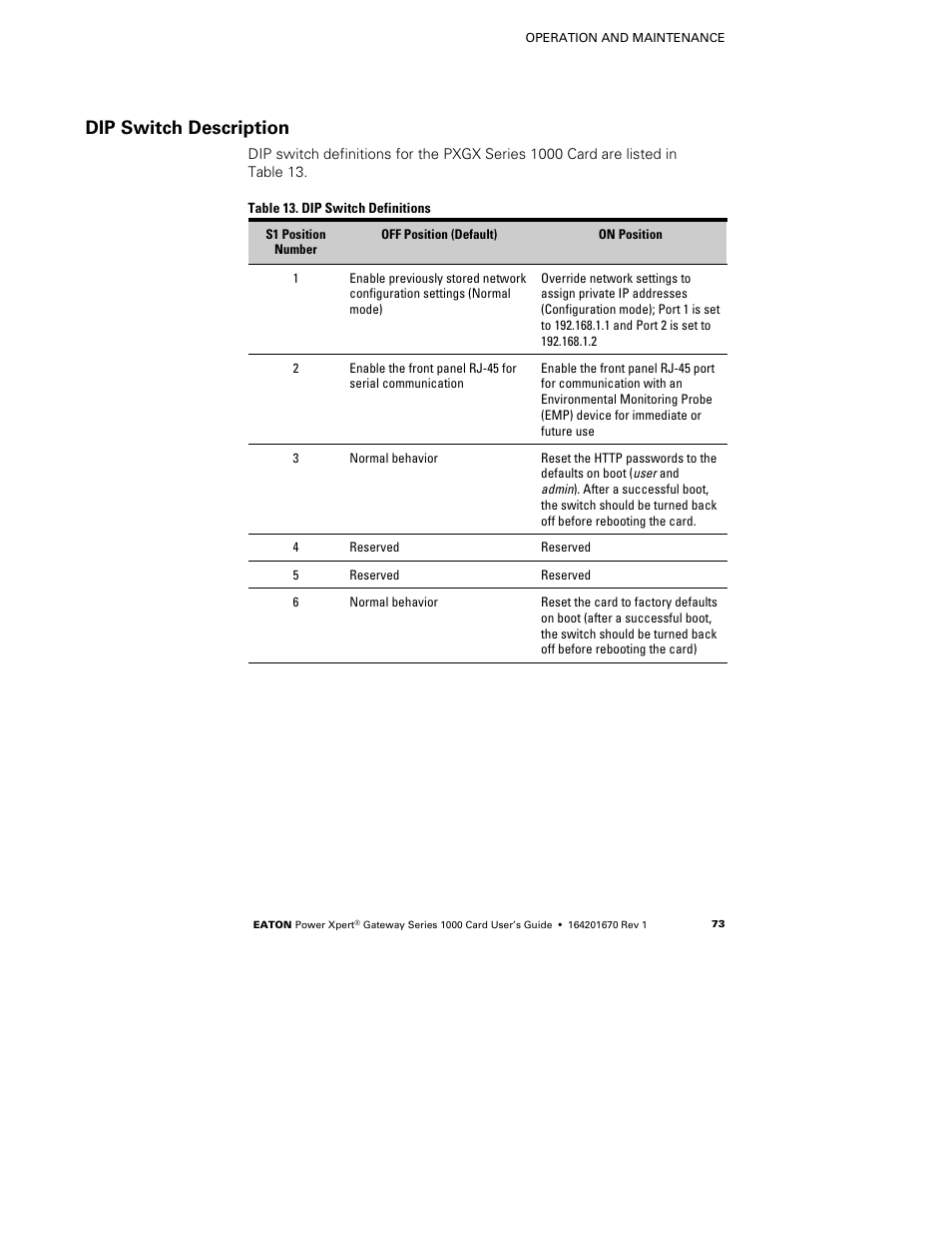 Dip switch description | Eaton Electrical 1000 User Manual | Page 77 / 84