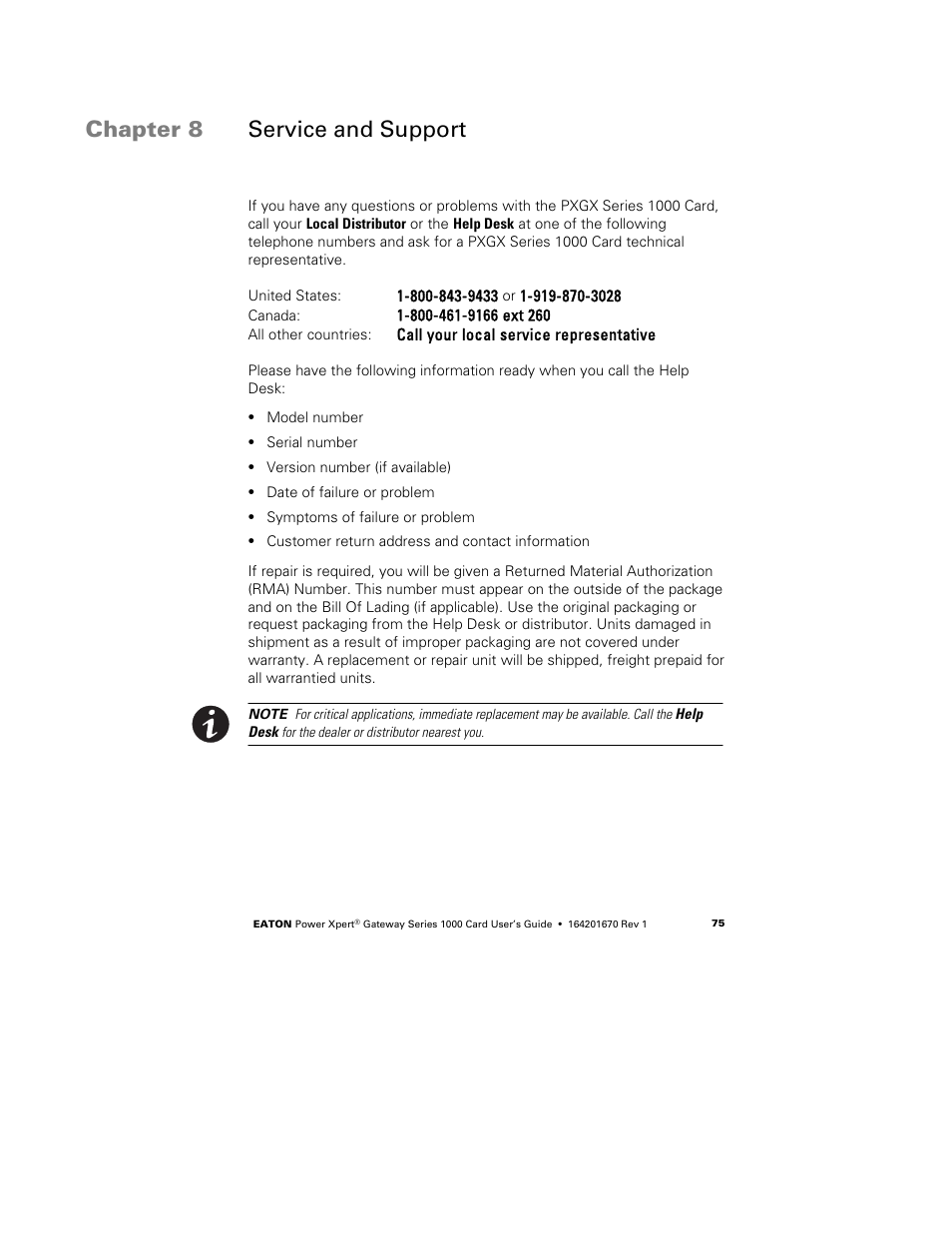 Chapter 8 service and support, Service and support | Eaton Electrical 1000 User Manual | Page 79 / 84